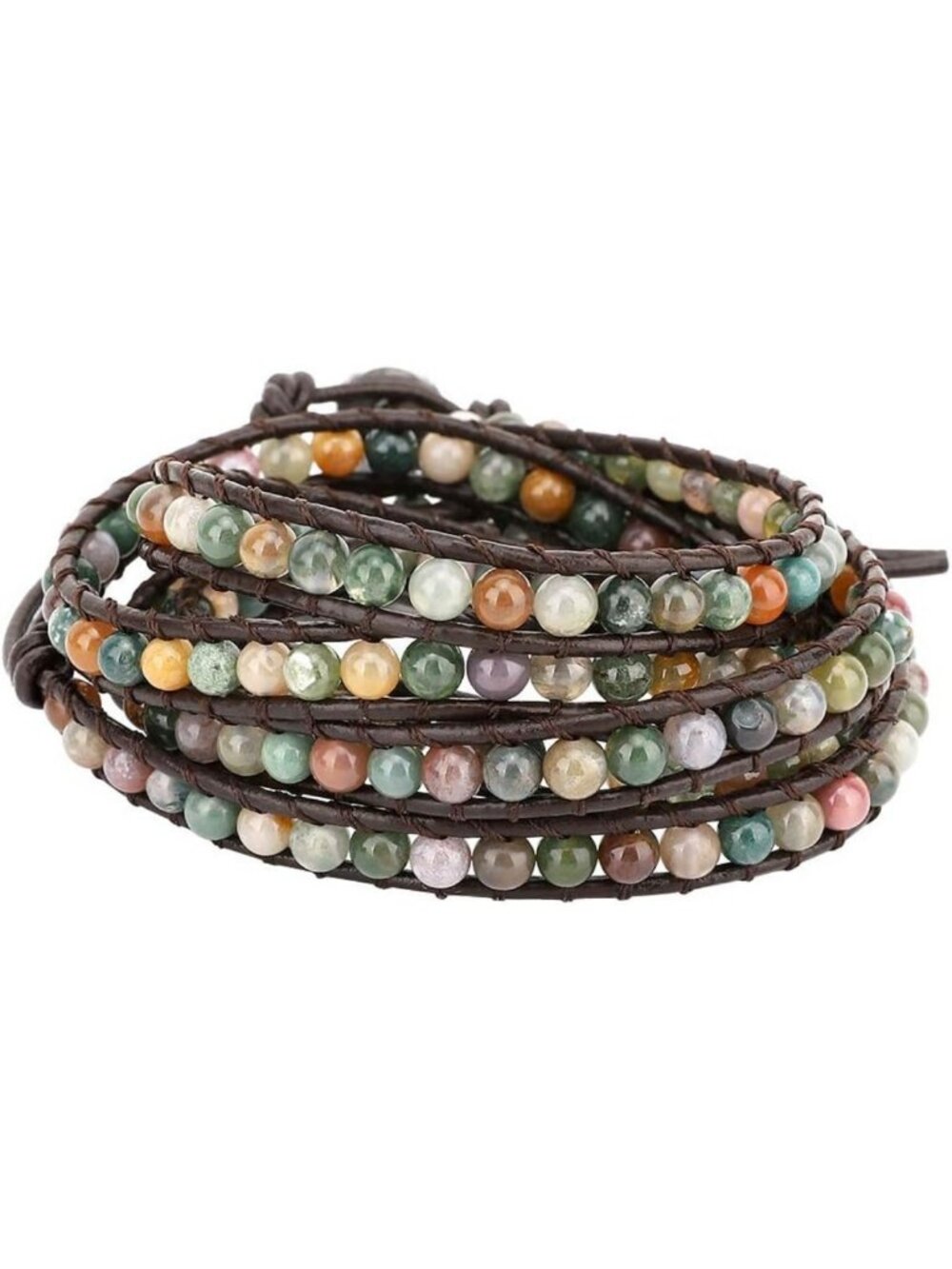 Layered Leather Wrap Bracelet - Bohemian Rivet Leopard Print, Agate & Amethyst